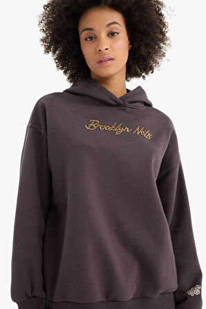 DeFactoFit NBA Brooklyn Nets Oversize Geniş Kalıp Kapüşonlu Kalın Sporcu Sweatshirt D6117AX25SPAR223
