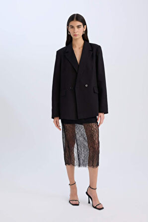 Slim Fit Dar Kesim Astarlı Midi Dantelli Etek