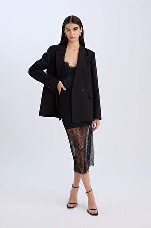 Slim Fit Dar Kesim Astarlı Midi Dantelli Etek