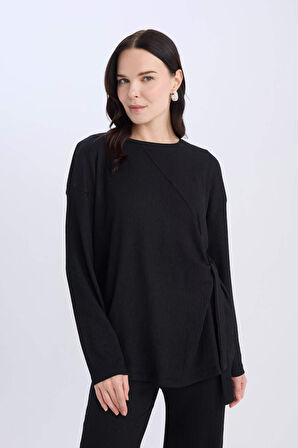 DeFacto Regular Fit Bisiklet Yaka Basic Düz Bürümcük Uzun Kollu Tişört E1800AX25SPBK81