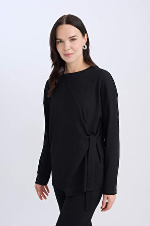 DeFacto Regular Fit Bisiklet Yaka Basic Düz Bürümcük Uzun Kollu Tişört E1800AX25SPBK81