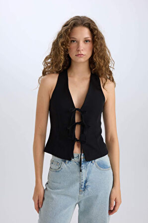 Yılbaşı Temalı V Yaka Bağlamalı Blazer Yelek