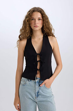 Yılbaşı Temalı V Yaka Bağlamalı Blazer Yelek