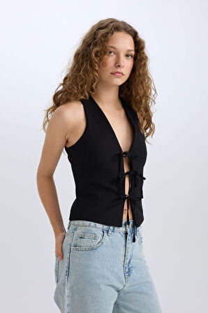 Yılbaşı Temalı V Yaka Bağlamalı Blazer Yelek