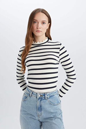 DeFacto Yarım Balıkçı Yaka Çizgili Uzun Kollu Tişört C5403AX25SPNV173