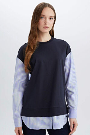 Bisiklet Yaka Çizgili Gömlek Görünümlü Sweatshirt Tunik