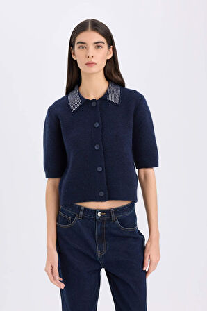 DeFacto Regular Fit Polo Yaka Basic Düz Düğmeli Triko Hırka E2288AX24WNNV134