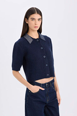 DeFacto Regular Fit Polo Yaka Basic Düz Düğmeli Triko Hırka E2288AX24WNNV134