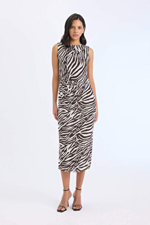 Bodycon Vücudu Saran Yarım Balıkçı Yaka Zebra Desenli  Tül Kolsuz Midi Elbise