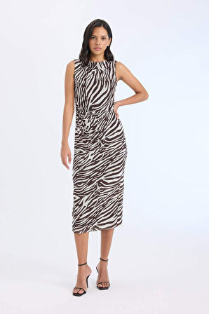 Bodycon Vücudu Saran Yarım Balıkçı Yaka Zebra Desenli  Tül Kolsuz Midi Elbise