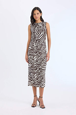Bodycon Vücudu Saran Yarım Balıkçı Yaka Zebra Desenli  Tül Kolsuz Midi Elbise