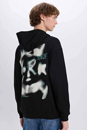 Boxy Fit Kapüşonlu Sırt Baskılı Sweatshirt