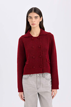 DeFacto Regular Fit Polo Yaka Basic Düz Düğmeli Triko Hırka E2289AX24WNBR93