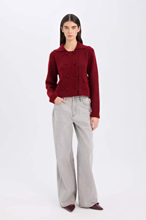 DeFacto Regular Fit Polo Yaka Basic Düz Düğmeli Triko Hırka E2289AX24WNBR93