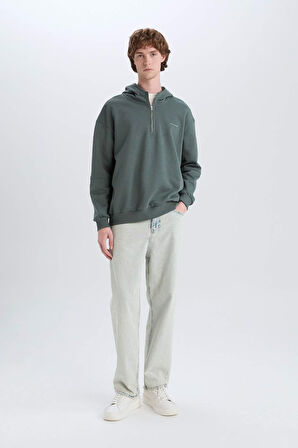 DeFacto Boxy Fit Kapüşonlu Yarım Fermuarlı Baskılı Sweatshirt D6998AX25SPGN463