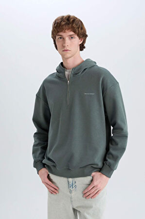 DeFacto Boxy Fit Kapüşonlu Yarım Fermuarlı Baskılı Sweatshirt D6998AX25SPGN463