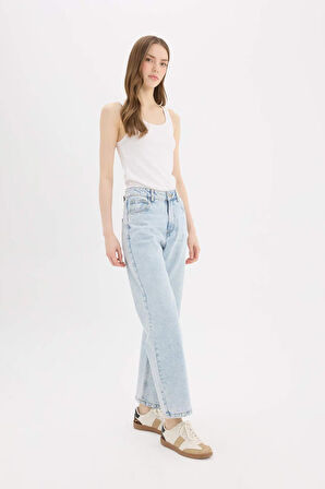 Straight Fit Normal Bel Bilek Boy Jean Yıkamalı Pantolon