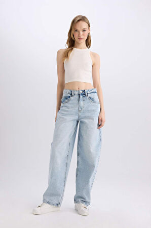 Baggy Fit Yüksek Bel Uzun Jean Yıkamalı Pantolon