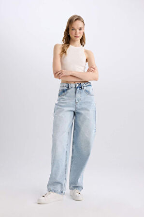 Baggy Fit Yüksek Bel Uzun Jean Yıkamalı Pantolon