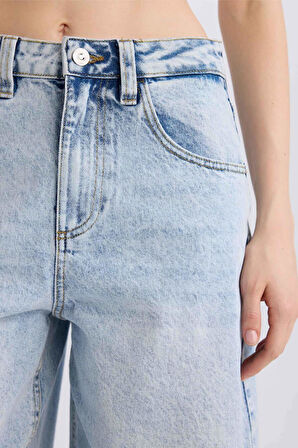 Baggy Fit Yüksek Bel Uzun Jean Yıkamalı Pantolon