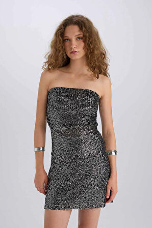 DeFacto Straplez Payetli Kumaş Bluz E1856AX24WNBK81