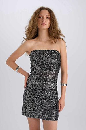 DeFacto Straplez Payetli Kumaş Bluz E1856AX24WNBK81