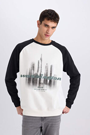 Oversize Geniş Kalıp Bisiklet Yaka Baskılı Sweatshirt