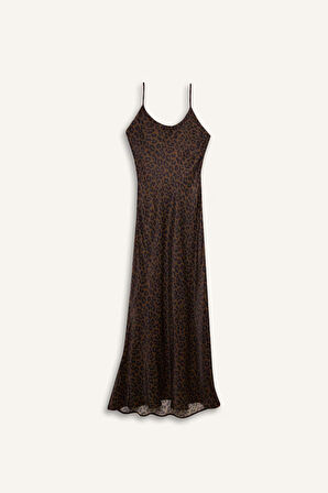 DeFacto Slim Fit Dar Kesim Leopar Desenli Viskon Askılı Maxi Abiye Elbise E2978AX24WNBG350