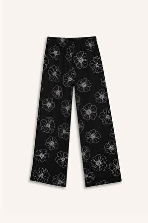 Kız Çocuk Desenli Wide Leg Geniş Paça Pamuklu Pantolon