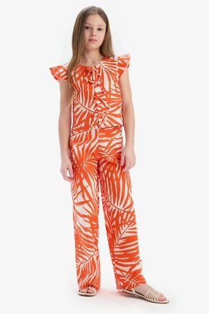 DeFacto %100 Pamuk Wide Leg Geniş Paça Desenli Beli Lastikli Pamuklu Pantolon Kız Çocuk D7610A825SMRD203