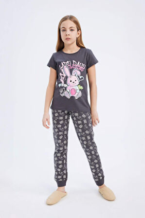 Kız Çocuk Pijama Takımı Bisiklet Yaka Baskılı Kısa Kollu Üst Beli Lastikli Desenli Uzun Alt