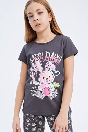 Kız Çocuk Pijama Takımı Bisiklet Yaka Baskılı Kısa Kollu Üst Beli Lastikli Desenli Uzun Alt