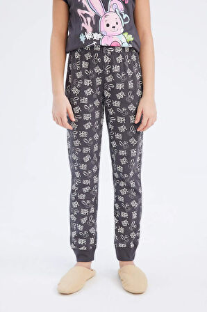 Kız Çocuk Pijama Takımı Bisiklet Yaka Baskılı Kısa Kollu Üst Beli Lastikli Desenli Uzun Alt