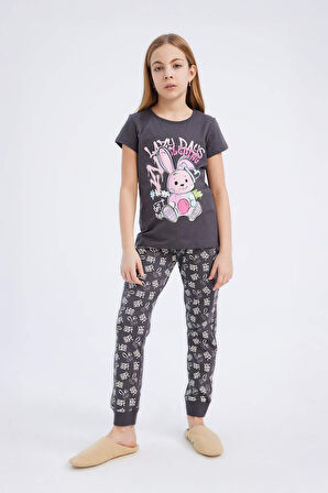 Kız Çocuk Pijama Takımı Bisiklet Yaka Baskılı Kısa Kollu Üst Beli Lastikli Desenli Uzun Alt
