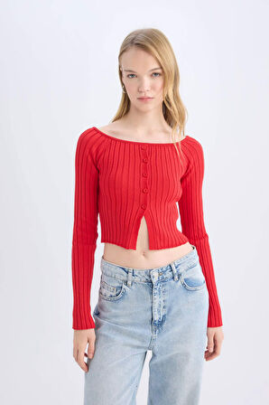 DeFacto Fitted Açık Omuz Crop Kırmızı Triko Kazak E0727AX24WNRD332