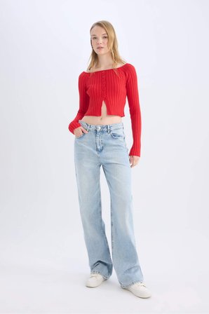 DeFacto Fitted Açık Omuz Crop Kırmızı Triko Kazak E0727AX24WNRD332