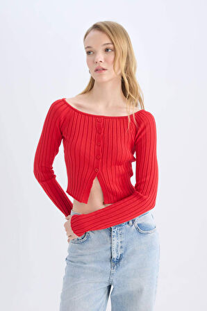 DeFacto Fitted Açık Omuz Crop Kırmızı Triko Kazak E0727AX24WNRD332