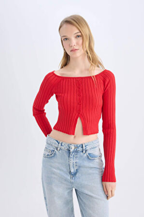 DeFacto Fitted Açık Omuz Crop Kırmızı Triko Kazak E0727AX24WNRD332