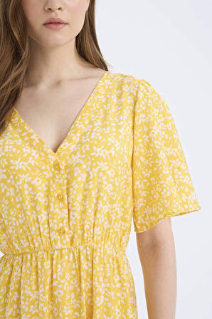 DeFacto A Kesim V Yaka Çiçek Desenli Kısa Kollu Midi Elbise E1127AX25SMYL190