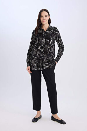 Loose Fit Gömlek Yaka Desenli Uzun Kollu Gömlek Tunik