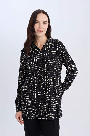 Loose Fit Gömlek Yaka Desenli Uzun Kollu Gömlek Tunik