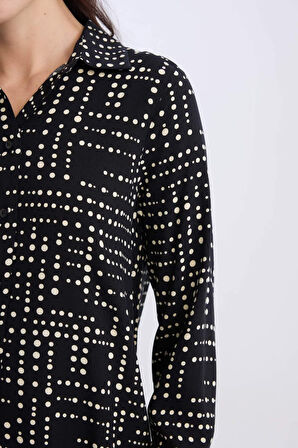 Loose Fit Gömlek Yaka Desenli Uzun Kollu Gömlek Tunik