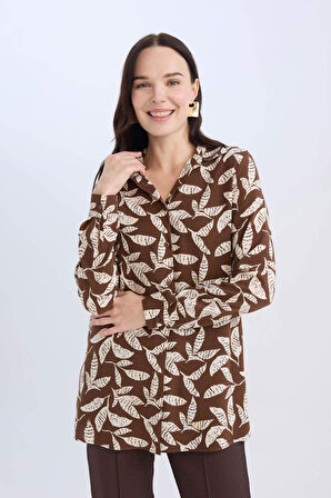 Loose Fit Gömlek Yaka Desenli Uzun Kollu Gömlek Tunik