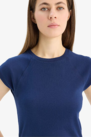 Slim Fit Dar Kesim Bisiklet Yaka Basic Düz Ribana Kısa Kollu Tişört