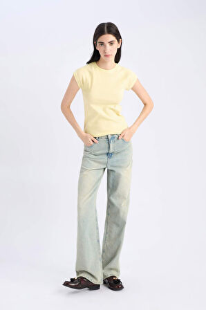 Slim Fit Dar Kesim Bisiklet Yaka Basic Düz Ribana Kısa Kollu Tişört