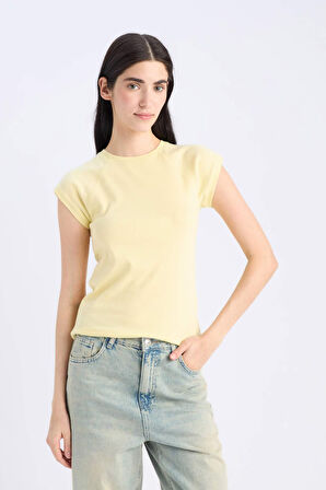 Slim Fit Dar Kesim Bisiklet Yaka Basic Düz Ribana Kısa Kollu Tişört