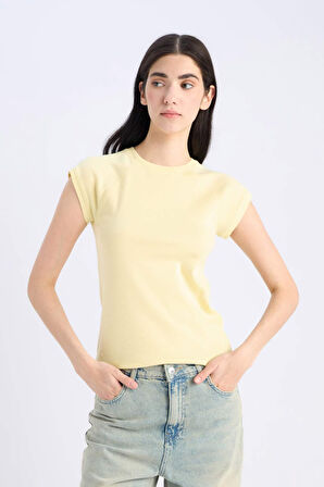 Slim Fit Dar Kesim Bisiklet Yaka Basic Düz Ribana Kısa Kollu Tişört