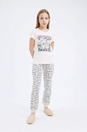 Kız Çocuk Garfield Pijama Takımı Kısa Kollu Üst Beli Lastikli Uzun Alt