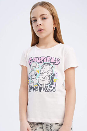 Kız Çocuk Garfield Pijama Takımı Kısa Kollu Üst Beli Lastikli Uzun Alt