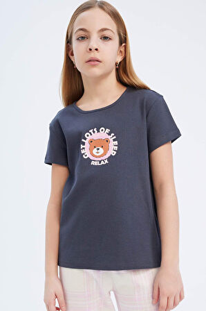 Kız Çocuk Pijama Takımı Fitilli Kaşkorse Baskılı Kısa Kollu Üst Uzun Alt
